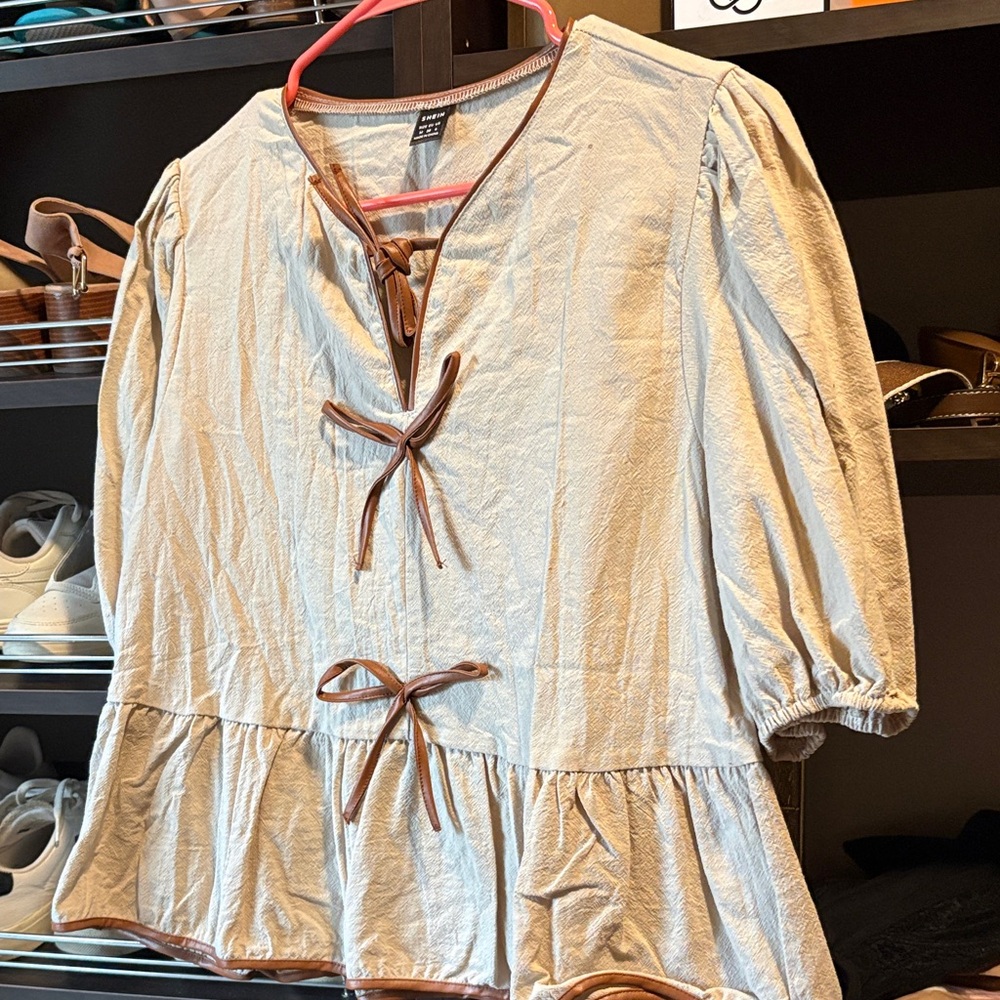 SHEIN Cream Blouse with Brown Tie Details